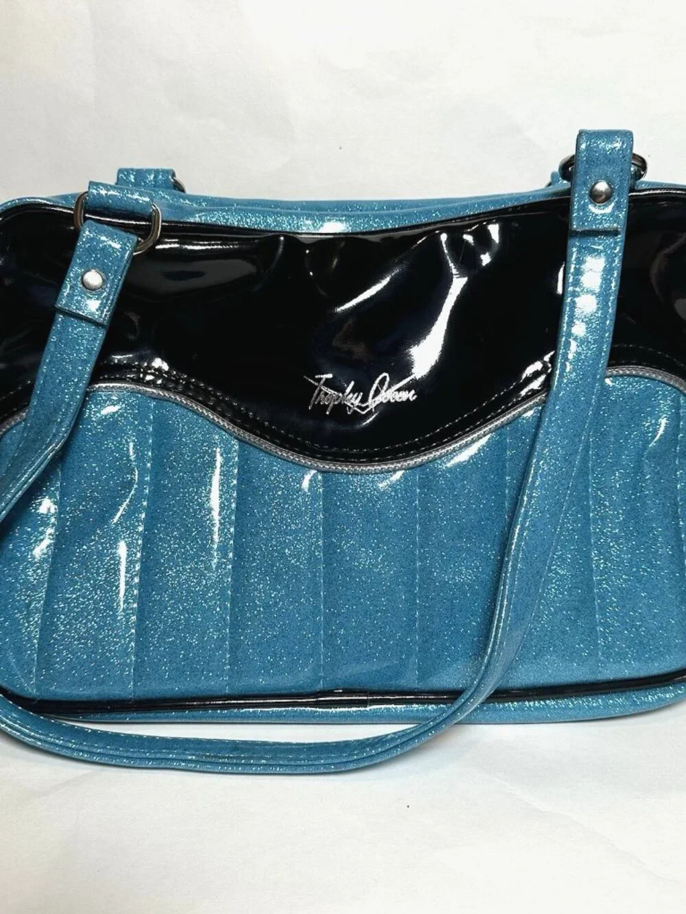 OOAK Trophy Queen Tuck and Roll Tote Blue Black Leopard Print Leather Hot Rod - Picture 1 of 13